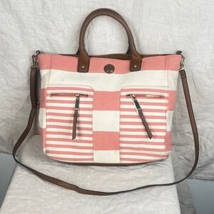 Tommy Hilfiger Pink White Striped Canvas Tote Bag Crossbody Satchel Purse Large